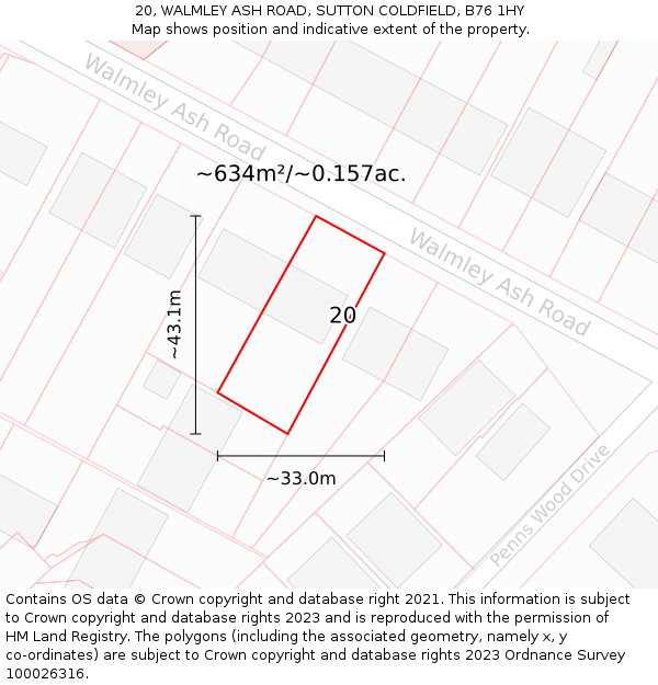 20, WALMLEY ASH ROAD, SUTTON COLDFIELD, B76 1HY: Plot and title map