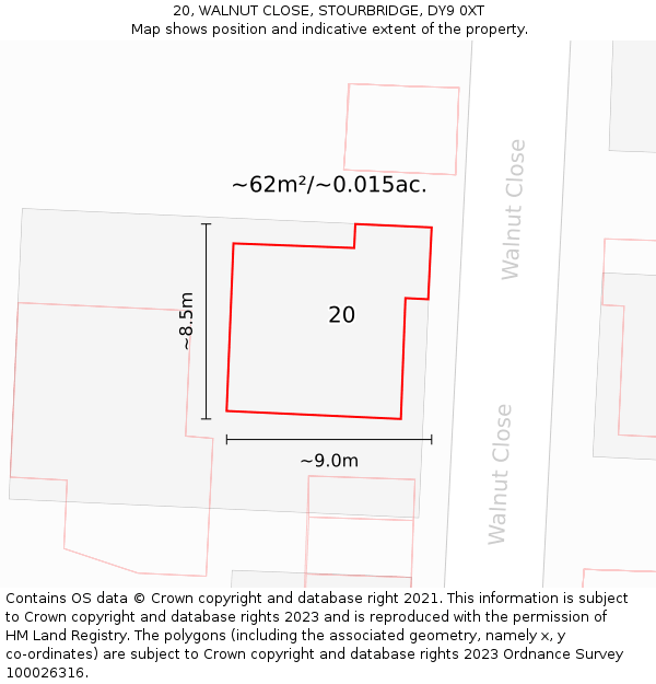 20, WALNUT CLOSE, STOURBRIDGE, DY9 0XT: Plot and title map
