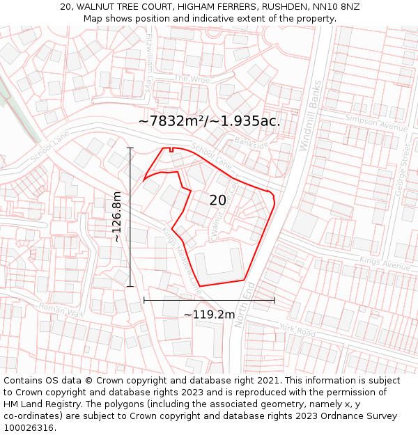 20, WALNUT TREE COURT, HIGHAM FERRERS, RUSHDEN, NN10 8NZ: Plot and title map