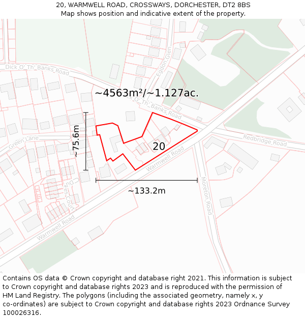 20, WARMWELL ROAD, CROSSWAYS, DORCHESTER, DT2 8BS: Plot and title map