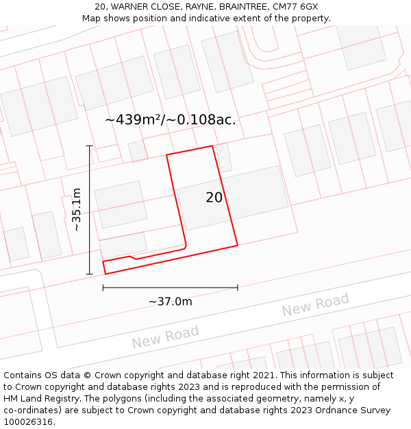 20, WARNER CLOSE, RAYNE, BRAINTREE, CM77 6GX: Plot and title map
