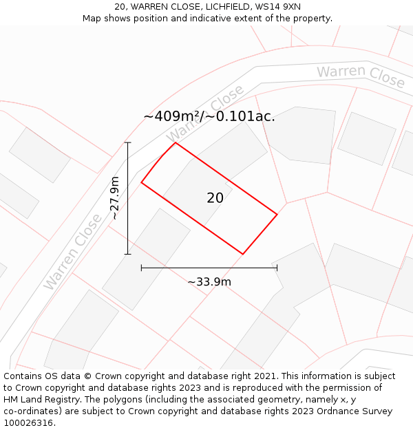 20, WARREN CLOSE, LICHFIELD, WS14 9XN: Plot and title map