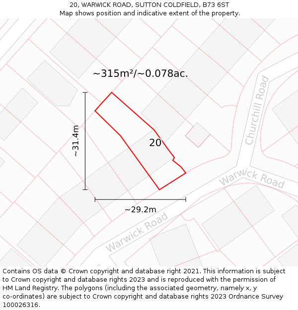 20, WARWICK ROAD, SUTTON COLDFIELD, B73 6ST: Plot and title map