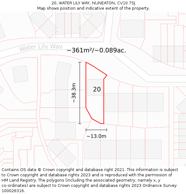 20, WATER LILY WAY, NUNEATON, CV10 7SJ: Plot and title map