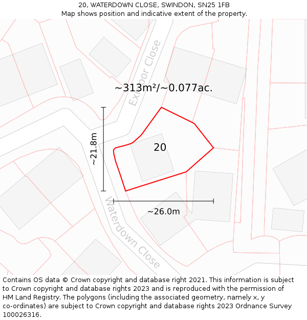 20, WATERDOWN CLOSE, SWINDON, SN25 1FB: Plot and title map