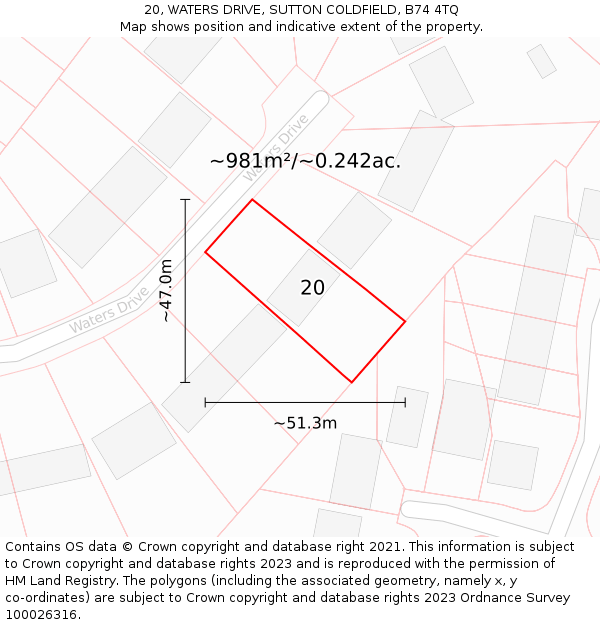 20, WATERS DRIVE, SUTTON COLDFIELD, B74 4TQ: Plot and title map