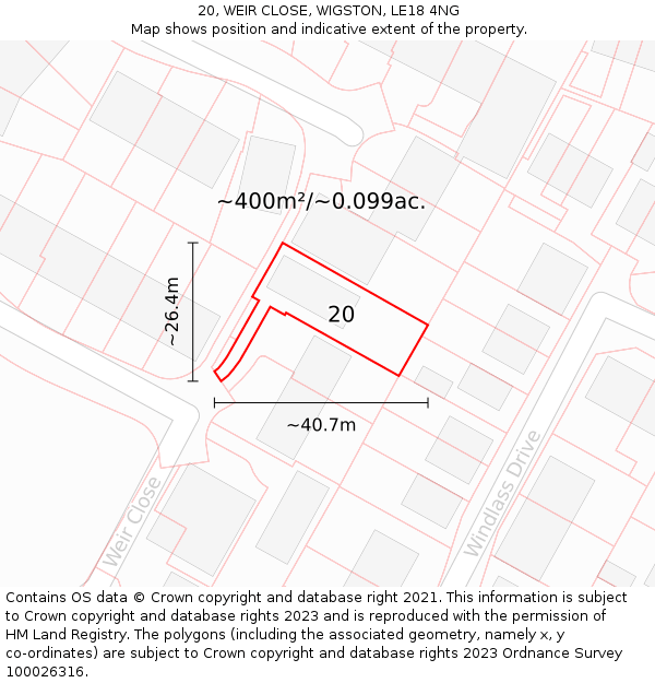 20, WEIR CLOSE, WIGSTON, LE18 4NG: Plot and title map