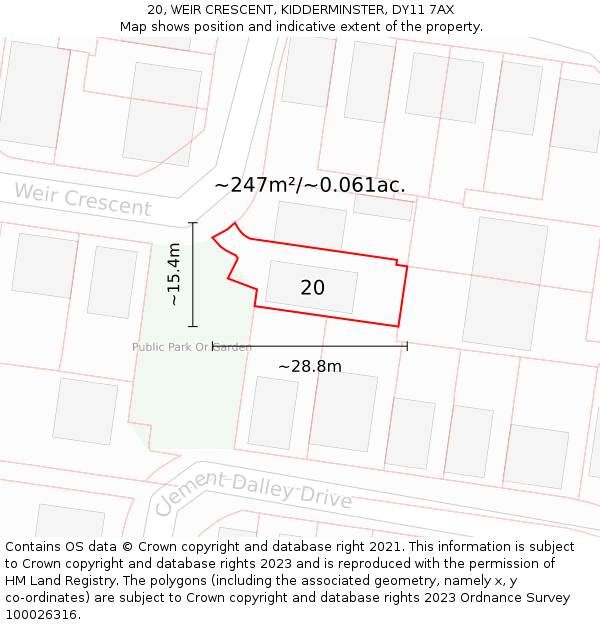 20, WEIR CRESCENT, KIDDERMINSTER, DY11 7AX: Plot and title map