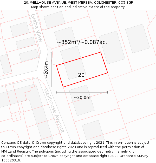 20, WELLHOUSE AVENUE, WEST MERSEA, COLCHESTER, CO5 8GF: Plot and title map