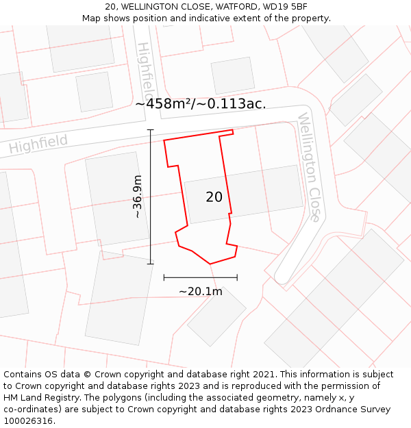 20, WELLINGTON CLOSE, WATFORD, WD19 5BF: Plot and title map