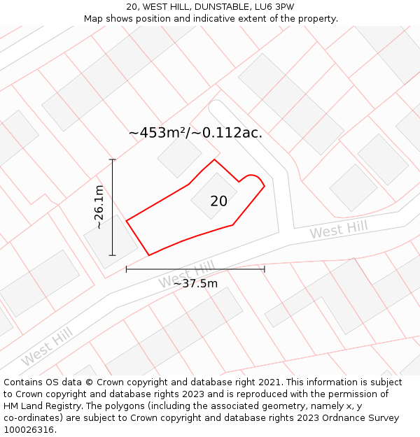 20, WEST HILL, DUNSTABLE, LU6 3PW: Plot and title map