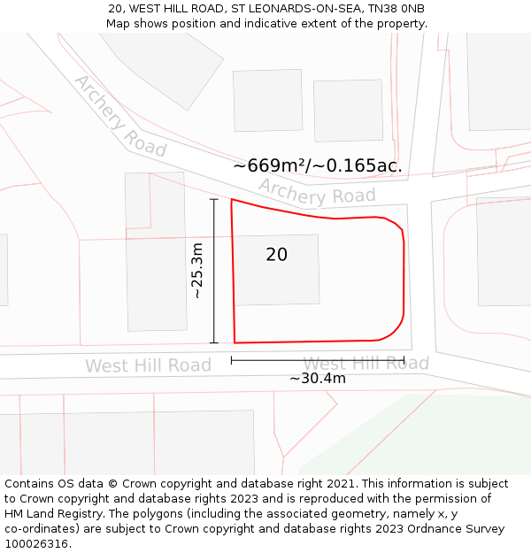 20, WEST HILL ROAD, ST LEONARDS-ON-SEA, TN38 0NB: Plot and title map