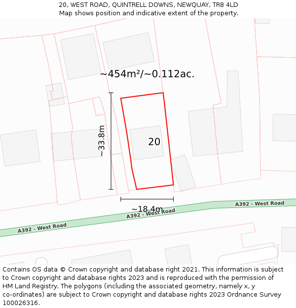 20, WEST ROAD, QUINTRELL DOWNS, NEWQUAY, TR8 4LD: Plot and title map