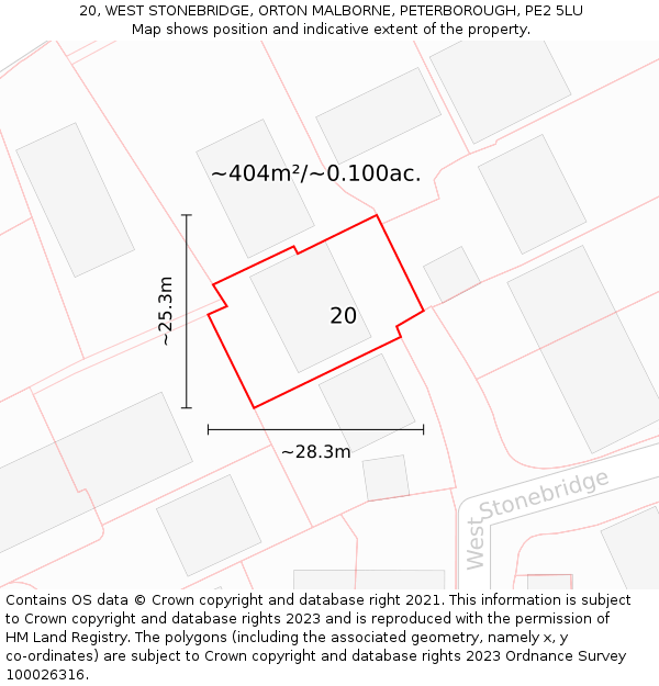 20, WEST STONEBRIDGE, ORTON MALBORNE, PETERBOROUGH, PE2 5LU: Plot and title map