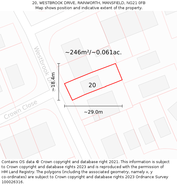 20, WESTBROOK DRIVE, RAINWORTH, MANSFIELD, NG21 0FB: Plot and title map