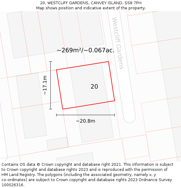 20, WESTCLIFF GARDENS, CANVEY ISLAND, SS8 7PH: Plot and title map