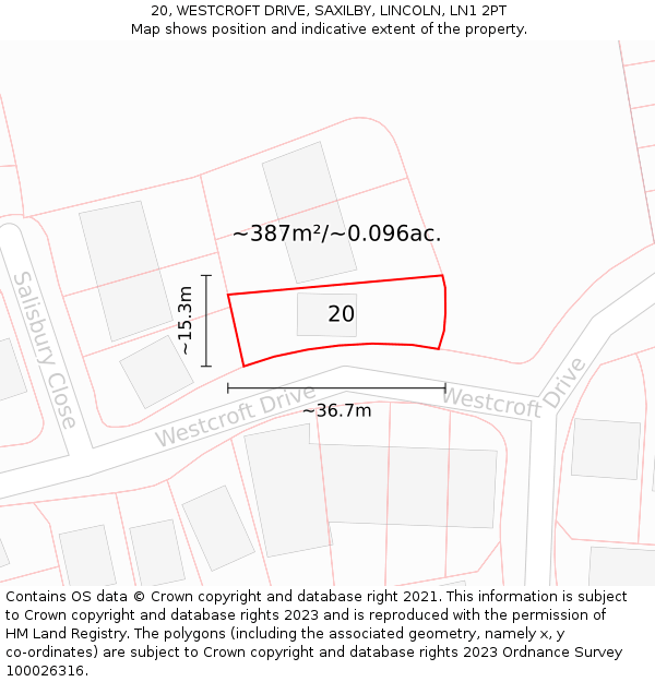 20, WESTCROFT DRIVE, SAXILBY, LINCOLN, LN1 2PT: Plot and title map