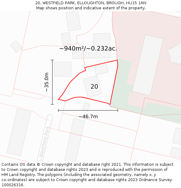 20, WESTFIELD PARK, ELLOUGHTON, BROUGH, HU15 1AN: Plot and title map