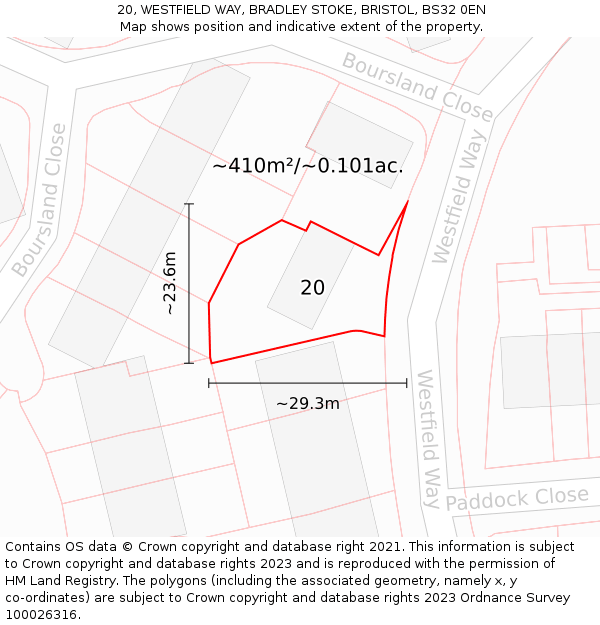20, WESTFIELD WAY, BRADLEY STOKE, BRISTOL, BS32 0EN: Plot and title map
