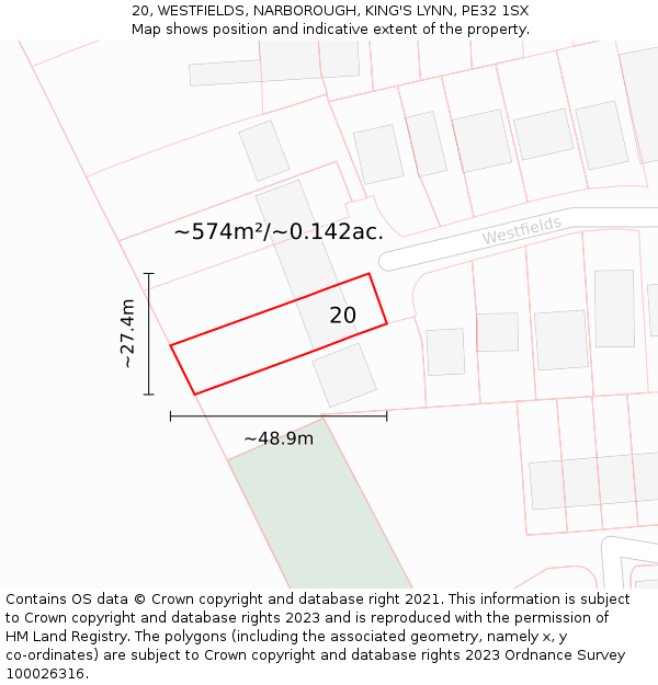 20, WESTFIELDS, NARBOROUGH, KING'S LYNN, PE32 1SX: Plot and title map