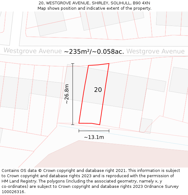 20, WESTGROVE AVENUE, SHIRLEY, SOLIHULL, B90 4XN: Plot and title map