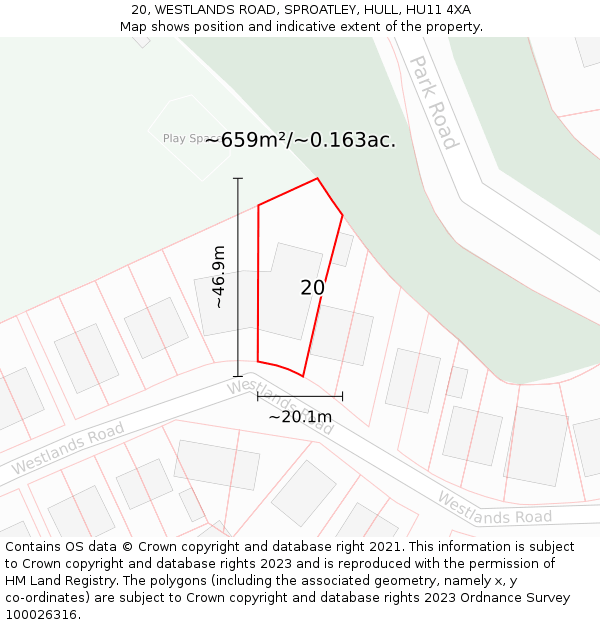 20, WESTLANDS ROAD, SPROATLEY, HULL, HU11 4XA: Plot and title map