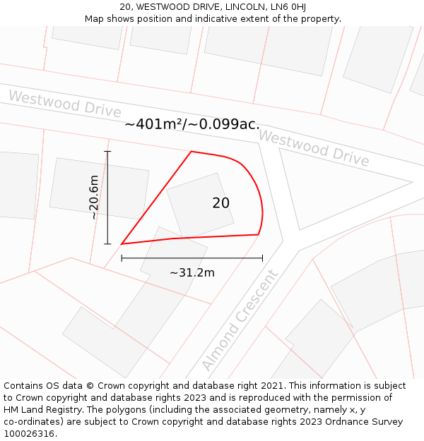 20, WESTWOOD DRIVE, LINCOLN, LN6 0HJ: Plot and title map