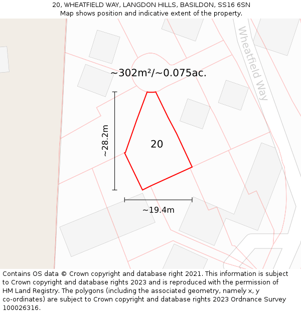 20, WHEATFIELD WAY, LANGDON HILLS, BASILDON, SS16 6SN: Plot and title map