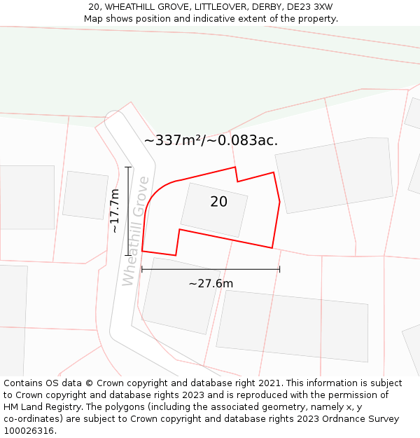 20, WHEATHILL GROVE, LITTLEOVER, DERBY, DE23 3XW: Plot and title map