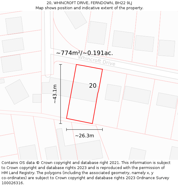 20, WHINCROFT DRIVE, FERNDOWN, BH22 9LJ: Plot and title map