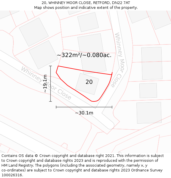 20, WHINNEY MOOR CLOSE, RETFORD, DN22 7AT: Plot and title map
