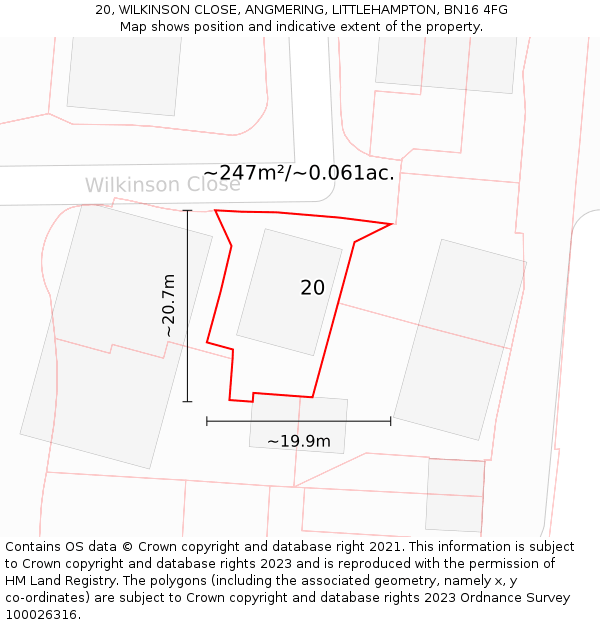 20, WILKINSON CLOSE, ANGMERING, LITTLEHAMPTON, BN16 4FG: Plot and title map