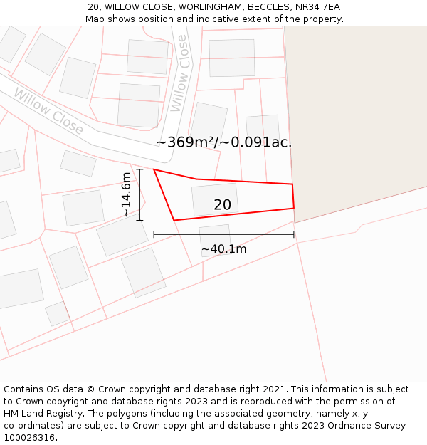 20, WILLOW CLOSE, WORLINGHAM, BECCLES, NR34 7EA: Plot and title map