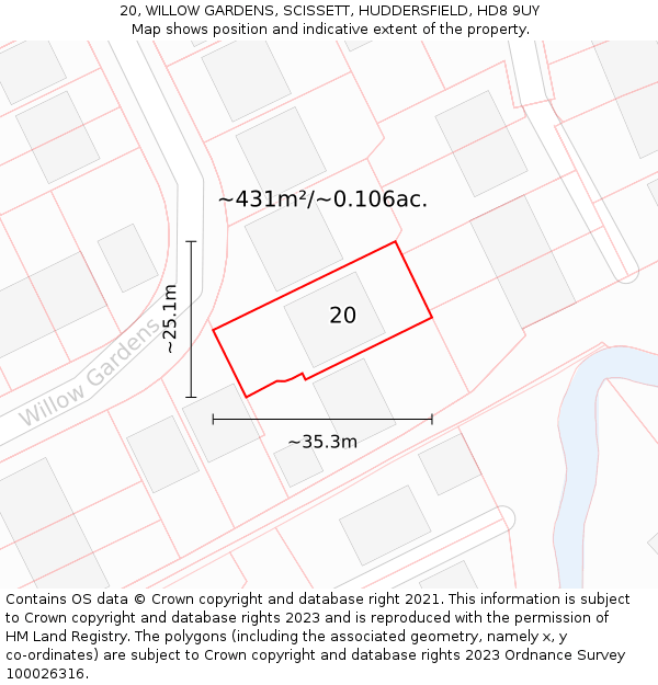 20, WILLOW GARDENS, SCISSETT, HUDDERSFIELD, HD8 9UY: Plot and title map