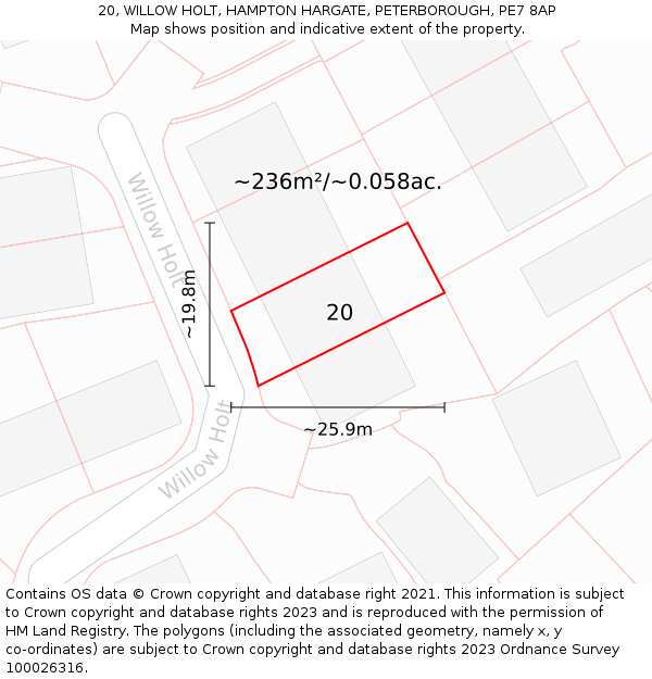 20, WILLOW HOLT, HAMPTON HARGATE, PETERBOROUGH, PE7 8AP: Plot and title map