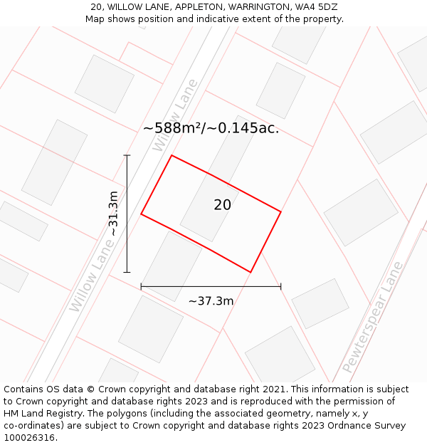 20, WILLOW LANE, APPLETON, WARRINGTON, WA4 5DZ: Plot and title map