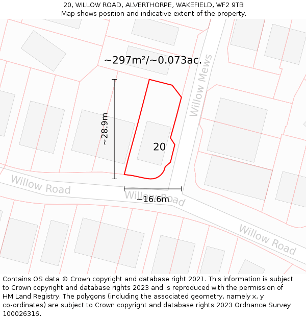 20, WILLOW ROAD, ALVERTHORPE, WAKEFIELD, WF2 9TB: Plot and title map