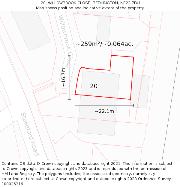 20, WILLOWBROOK CLOSE, BEDLINGTON, NE22 7BU: Plot and title map