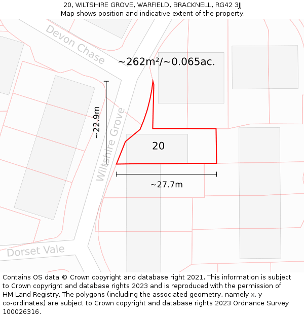 20, WILTSHIRE GROVE, WARFIELD, BRACKNELL, RG42 3JJ: Plot and title map