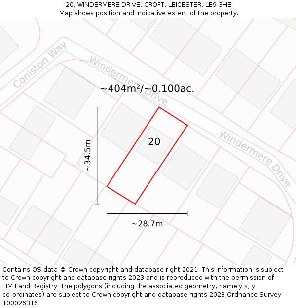 20, WINDERMERE DRIVE, CROFT, LEICESTER, LE9 3HE: Plot and title map