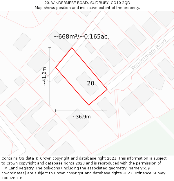 20, WINDERMERE ROAD, SUDBURY, CO10 2QD: Plot and title map