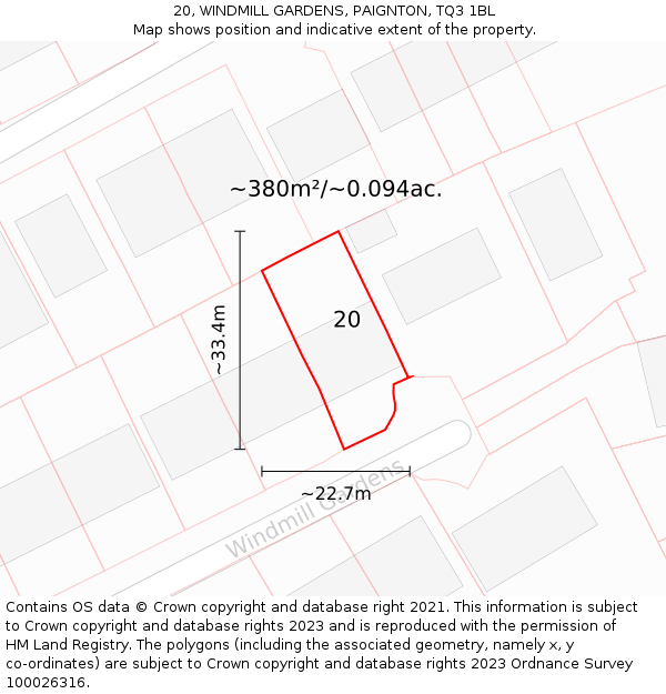 20, WINDMILL GARDENS, PAIGNTON, TQ3 1BL: Plot and title map