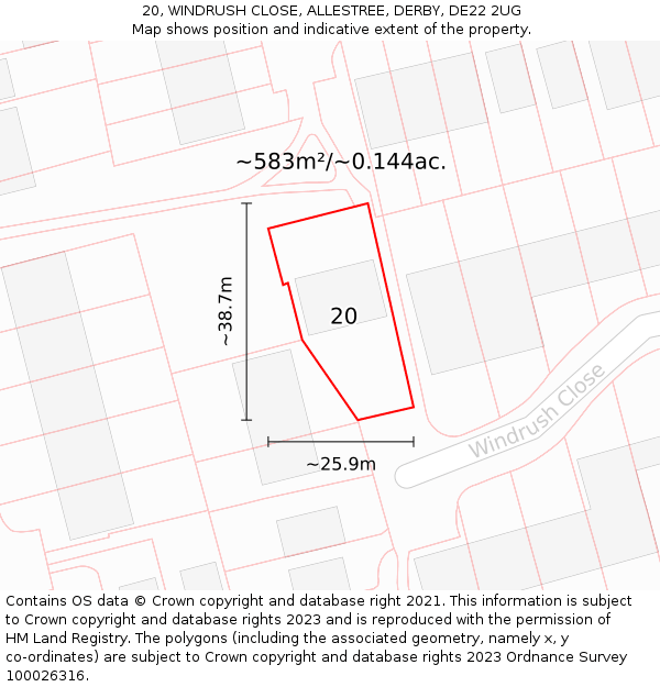 20, WINDRUSH CLOSE, ALLESTREE, DERBY, DE22 2UG: Plot and title map