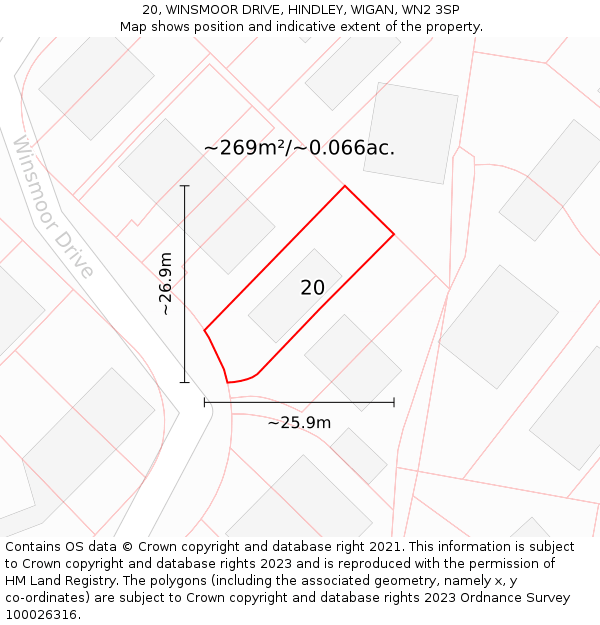 20, WINSMOOR DRIVE, HINDLEY, WIGAN, WN2 3SP: Plot and title map
