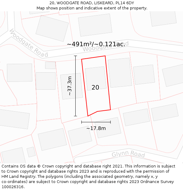 20, WOODGATE ROAD, LISKEARD, PL14 6DY: Plot and title map