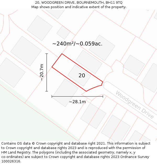20, WOODGREEN DRIVE, BOURNEMOUTH, BH11 9TQ: Plot and title map