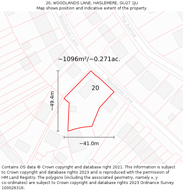 20, WOODLANDS LANE, HASLEMERE, GU27 1JU: Plot and title map