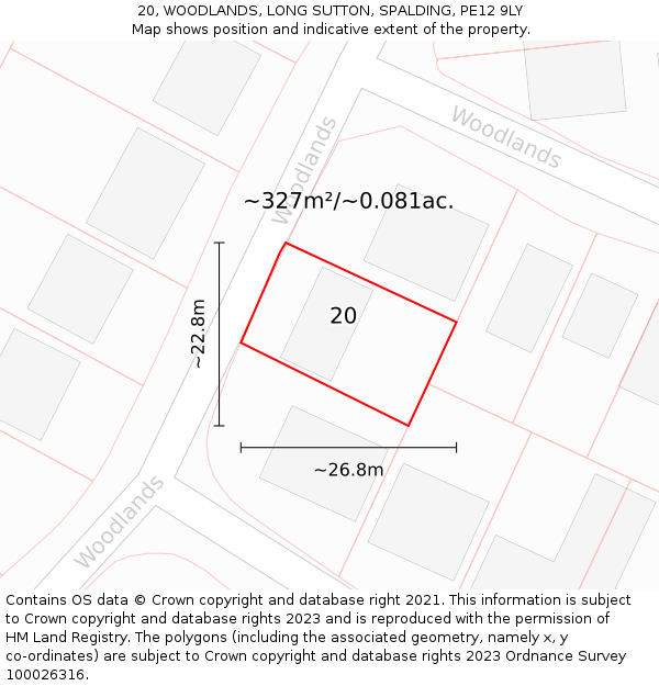 20, WOODLANDS, LONG SUTTON, SPALDING, PE12 9LY: Plot and title map