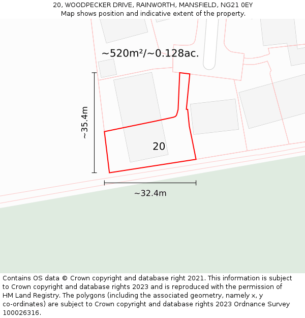 20, WOODPECKER DRIVE, RAINWORTH, MANSFIELD, NG21 0EY: Plot and title map