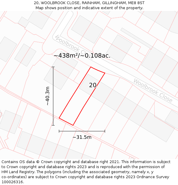 20, WOOLBROOK CLOSE, RAINHAM, GILLINGHAM, ME8 8ST: Plot and title map